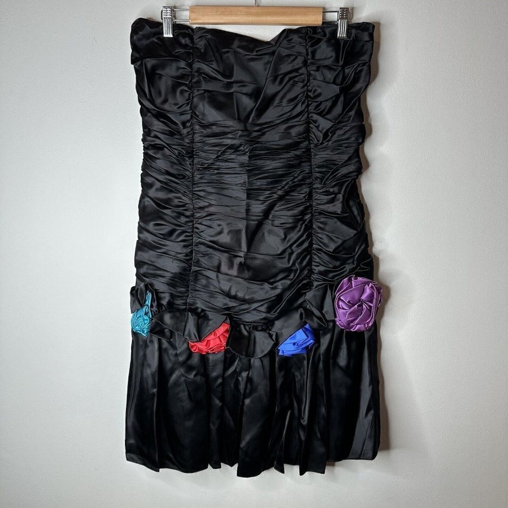 Vintage Gunne Sax Jessica McClintock Black Strapless‎ Ruffled Rosette Dress 8